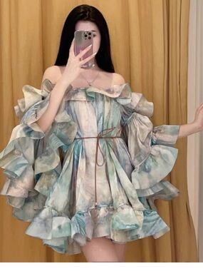 Blue Green Watercolor Ruffle Off-Shoulder Mini Dress